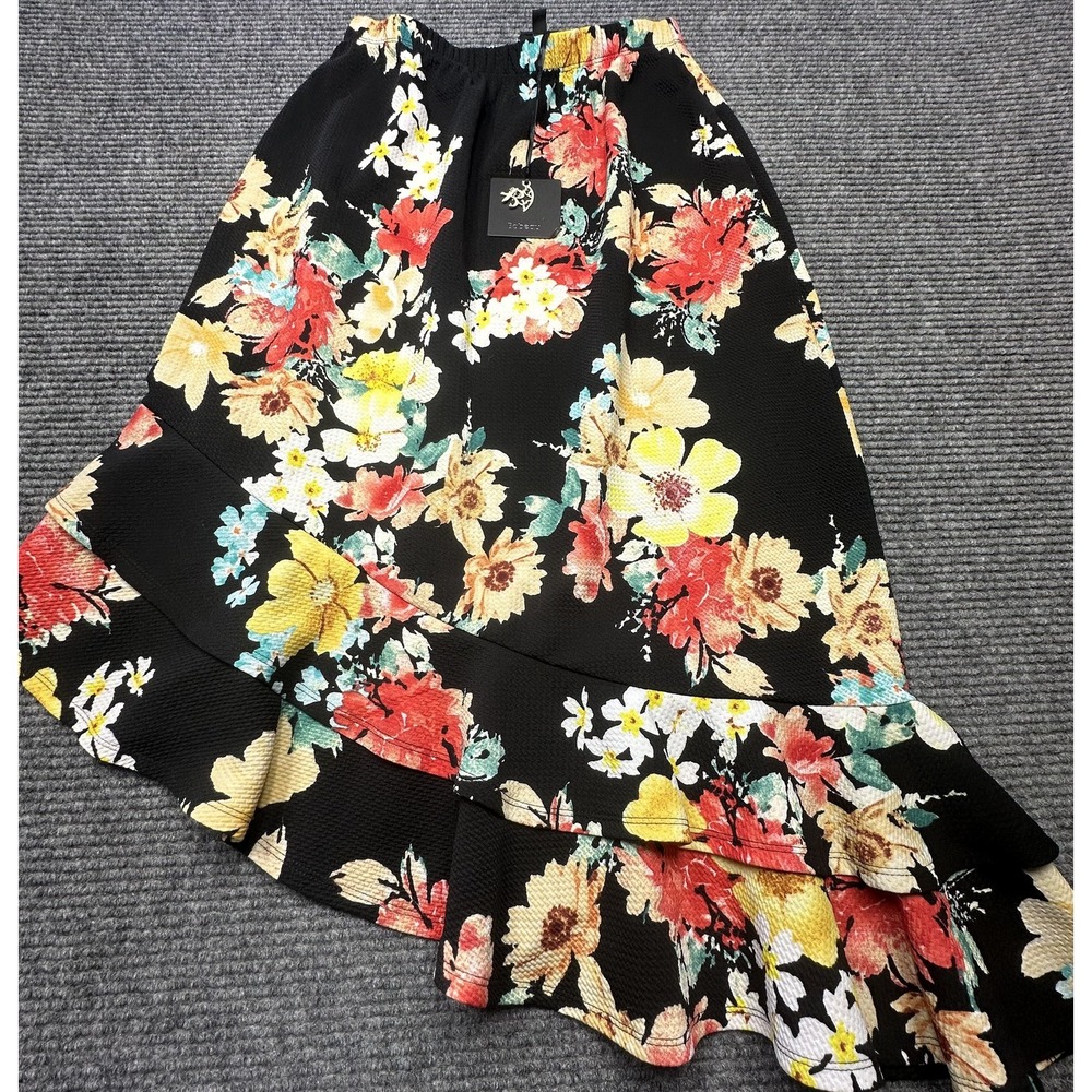 Bobeau Skirt Womens Small Black Floral Ruffle Hem Stretch Midi Boho Casual